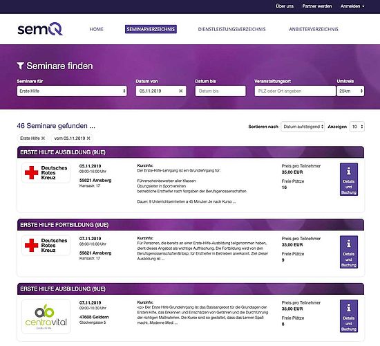 Erste Hilfe Lehrgänge online bei semQ suchen - ab 35,- Euro
