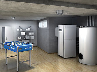 Energieeffizienz auf kleinstem Raum: Luft-Wasser-Wärmepumpe Buderus Logitherm WPL mit Warmwasserspeicher. Grafik: Buderus