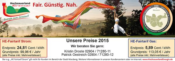 Strom- und Gaspreise für das Jahr 2015 bei HochsauerlandEnergie GmbH