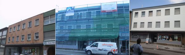 Fassadensanierung der Immobilie „Zum Möhnetal“ in Arnsberg. Vorher: Unattraktive, sanierungsbedürftige Fassade im 60er-Jahre Stil (links). Während der Sanierung durch C. Heitschötter wurde das Gebäude komplett eingerüstet (mitte). Nach der Sanierung: Ein modernes Wohn- und Geschäftshaus in Marmorweiß und grauen Applikationen ist entstanden (rechts). Fotos: Heitschötter