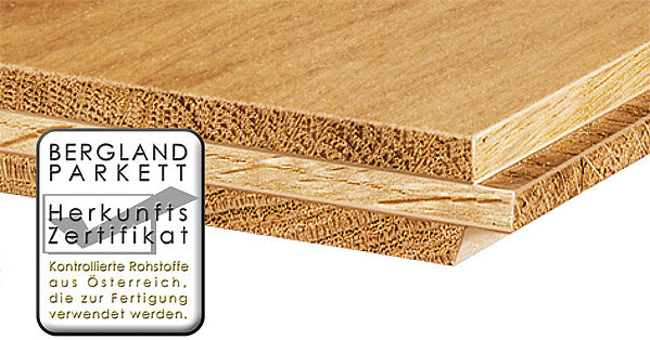 3-schichtiges Massivparkett aus ein und demselben Laubholz. Foto: Bergland Parkett