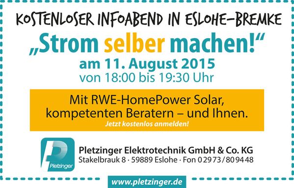 Infoabend Strom selber machen Eslohe 11. August 2015 Pletzinger Elektrotechnik